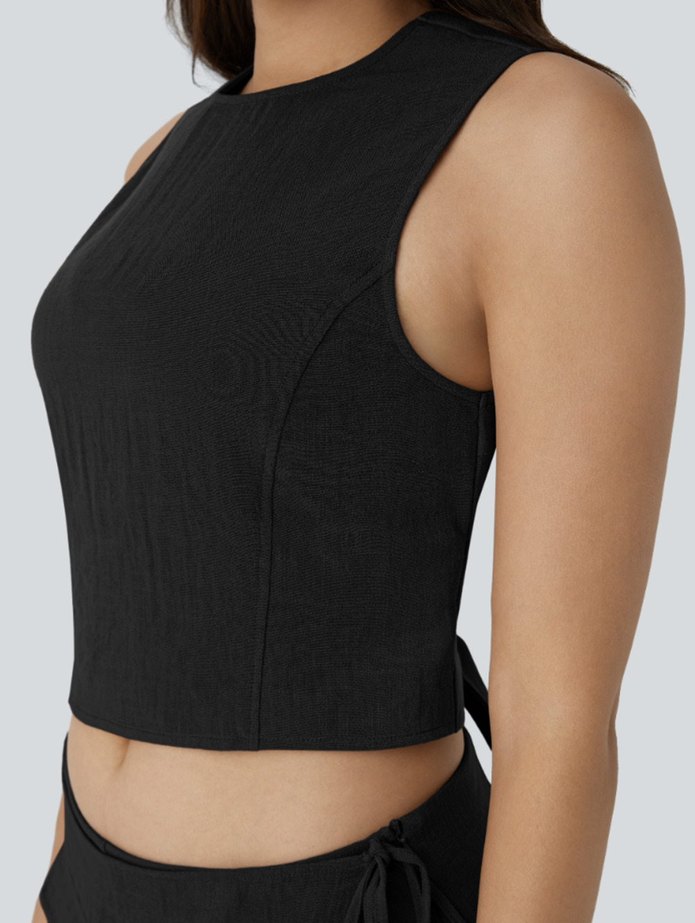 Halara Tank Top Womens Large Black Open Tie Back Bow Crop Woven Shirt Blouse